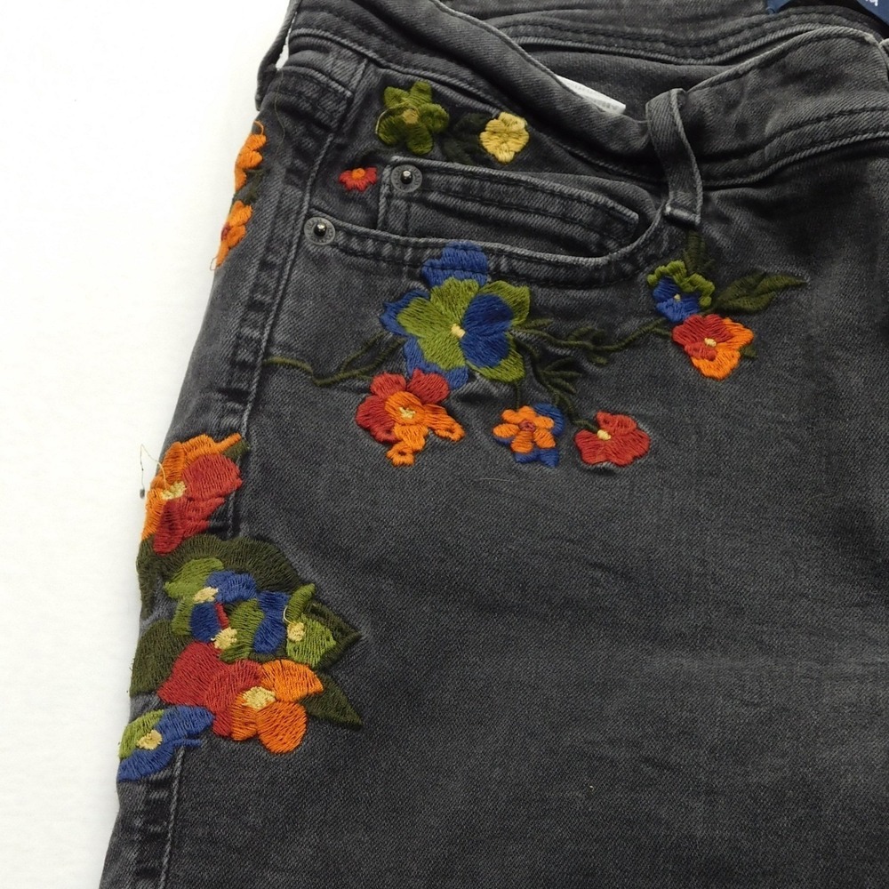 Zara Jeans Women 4 Black Basic Floral Embroidered Slim Fit Denim Pants Bohemian